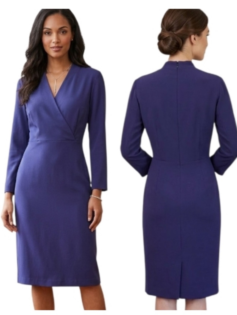 M.M. LaFleur Niko 2.0 Long Sleeve Sheath Dress Deep Indigo Faux Wrap Chest SZ 16